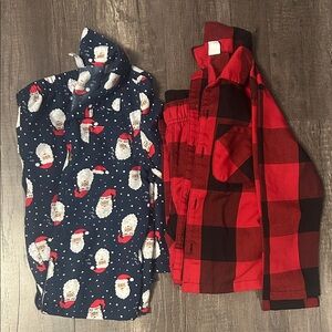 Santa Print Pajamas Set and Red Plaid Pajamas Set.
